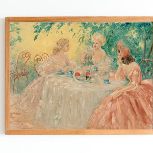 ART PRINT | Vintage Fashion Oil Painting | Female Friendship Wall Art Print |  Three Beautiful Women Sitting in Garden Art