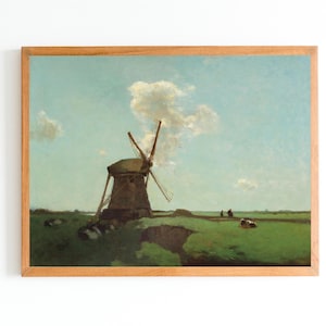 ART PRINT | Dutch Windmill Oil Painting | Landscape Artwork | Cottage Wall Art Decor | Countryside Landscape | Farmhouse Decor