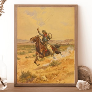 Vintage Cowboy Konsttryck | Vilda Västern Häst Oljemålning bild 4