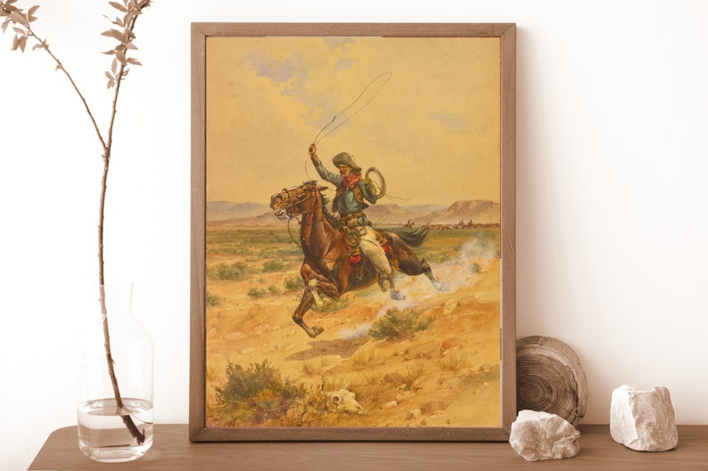 Vintage Cowboy Konsttryck | Vilda Västern Häst Oljemålning bild 4