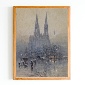 IMPRESIÓN DE ARTE / Arte de pared de arquitectura vintage / Pintura al óleo de escena de la calle de Viena antigua / Iglesia bajo la lluvia Obras de arte / Pintura antigua de Rain Street