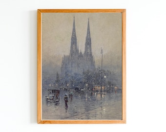 ART PRINT | Vintage Architecture Wall Art | Antique Vienna Street Scene Oil Painting | Church at Rain Artwork | Rain Street Old Painting