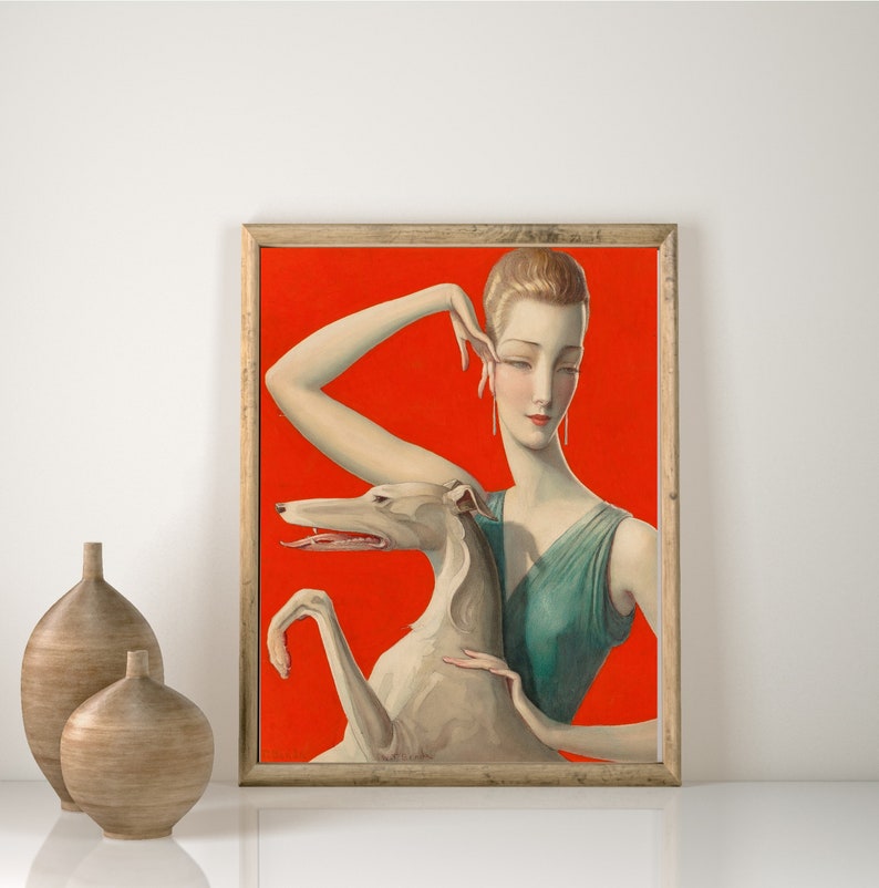 ART PRINT | Elegant Woman and Afghan Hound Dog Oil Painting | Vintage ...