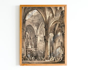 ART PRINT | Vintage Church Interior Oil Painting | Medieval Architecture Art Print | Religious Christian Catholic Cathedral Artwork