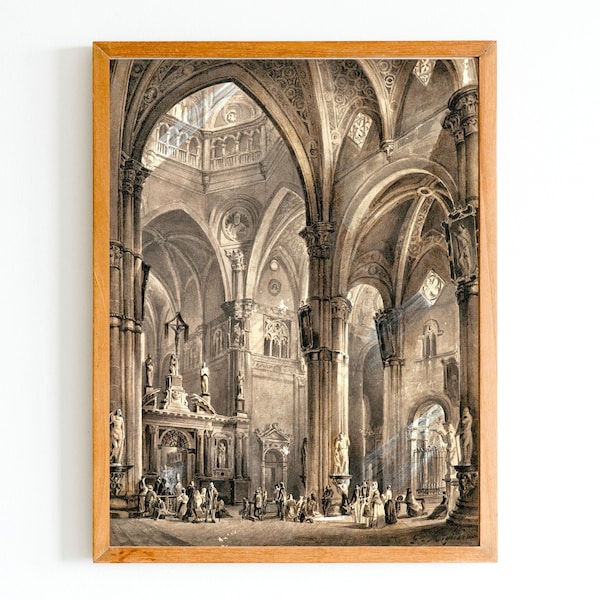 ART PRINT | Vintage Church Interior Oil Painting | Medieval Architecture Art Print | Religious Christian Catholic Cathedral Artwork