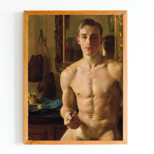 ART PRINT | Vintage Boxer Portrait Oil Painting | Boxing Gloves | Male Nude Print | Erotic Male Nude Print | Figurative Art | Handsome Man