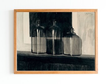 ART PRINT | Black Still Life With Glass Bottles Oil Painting | Vintage Still Life Art Print | Dark Color Artwork | Goth Art | Modern Art