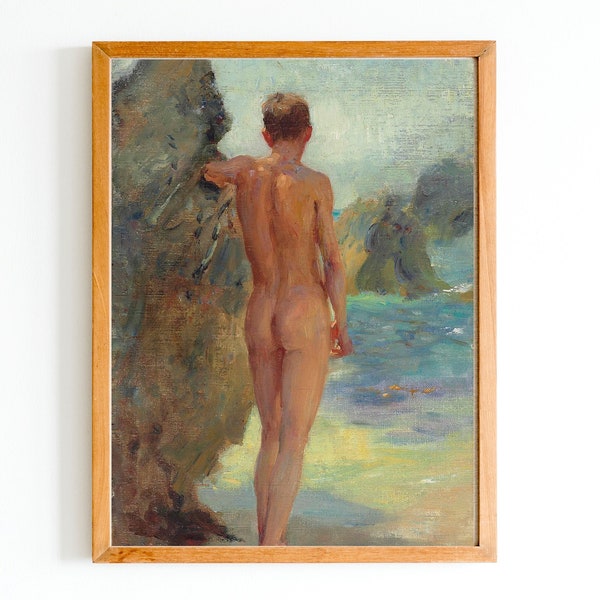 ART PRINT | Male Nude Antique Oil Painting | Vintage Man Nude Artwork | Man Bathing Painting | Naked Male Figurative Art | Coastal Painting