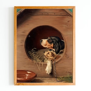 ART PRINT | Vintage Dogs Oil Painting | In the Dog House Art Print | Kids Room Wall Art | Dogs Artwork | Farmhouse Wall Decor