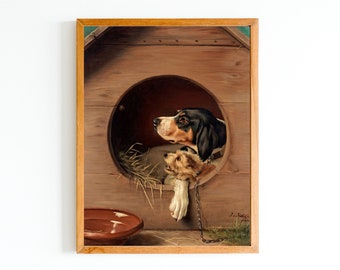 ART PRINT | Vintage Dogs Oil Painting | In the Dog House Art Print | Kids Room Wall Art | Dogs Artwork | Farmhouse Wall Decor