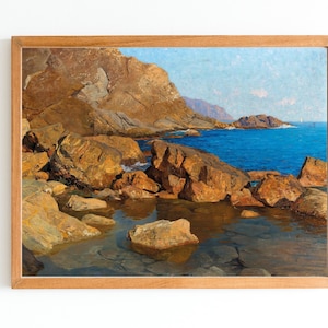 ART PRINT | Rocky Coast in the Evening Sun Oil Painting | Vintage Beach Decor | Antique Seashore Art | Beach Rocks Artwork