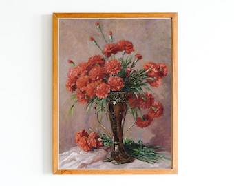 Imprimé floral vintage | Oeillets rouges, nature morte vase en argent