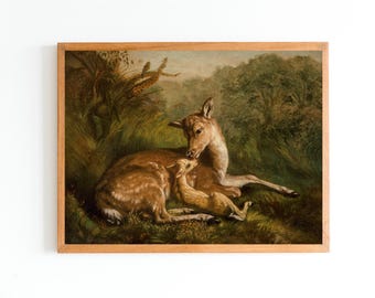Vintage Deer and Fawn Art Print | Farmhouse Animal Portrait