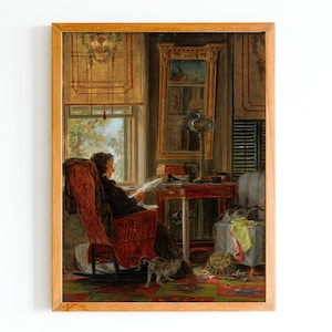 STAMPA D'ARTE / Ritratto di donna anziana vintage / Donna che legge i giornali del mattino Arte della parete / Arte d'interni antichi / Nonna e i suoi gatti Arte
