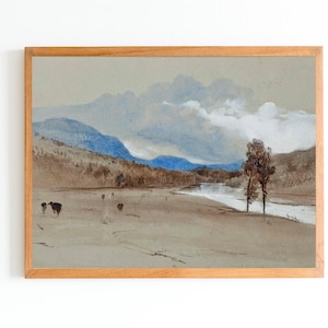 ART PRINT | Vintage River Bank Landscape Watercolor Painting | River Creek in Mountain Valley Artwork | Water Stream in Summer Green Nature