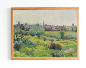 ART PRINT | Vintage Landscape Oil Painting | English Countryside Wall Art | Village Scenery Artwork | Meadow Painting | Antique Oil Painting