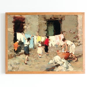 KUNSTPRINT | Vintage wasolieverfschilderij | De kunst van de wasvrouw | Italiaans oud straatlandschap | Wasdag | Waslijnafdruk | Italiaans schilderij