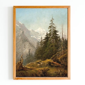 KUNSTDRUCK | Vintage Wald Ölgemälde | Landhaus Dekor | Berg Poster | Gemsenherde Ölgemälde | Western Landschaft