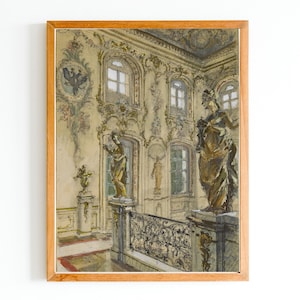 KUNSTDRUCK | Vintage Palace Interior Aquarell Malerei | Antike Statue Kunstdruck | Mittelalterliche Palast-Wandkunst | Neutrale Farbbemalung