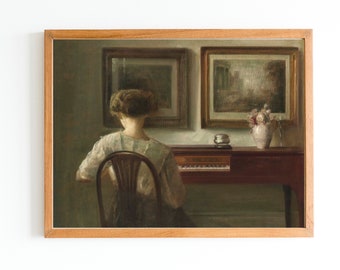 ART PRINT | Lady at the Spinet Painting | Vintage Woman Portrait Oil Painting | Female Art Print | Interior Scene Art Print | Figurative Art