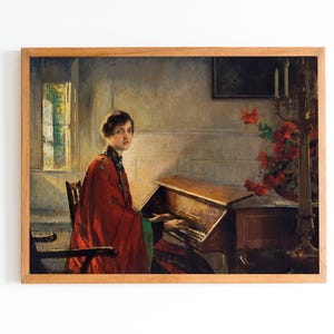 ART PRINT | Woman Playing Piano Oil Painting | Piano Player Wall Art | Musical Instrument Art Print | Vintage Woman Portrait | Interior Art
