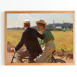KUNSTDRUCK | Vintage Paar Radfahren in der Stadt Ölgemälde | Antike Fahrrad Druck | Liebes-Paar Reiten auf dem Fahrrad Kunstwerk