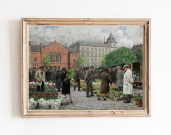 ART PRINT  | Vintage Flower Market Oil Painting | Paris Cityscape Art | French Painting | Street Market Wall Art | Paris Art