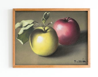 ART PRINT | Vintage Still Life Oil Painting | Green and Red Apples Wall Art Print | Antique Kitchen Art | Fruit Painting