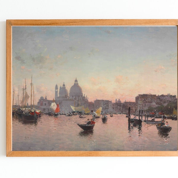 KUNSTAFDRUK | Een zicht op de lagune met Santa Maria Della Salute | Vintage Venetië olieverfschilderij | Venetië Cityline Art Print