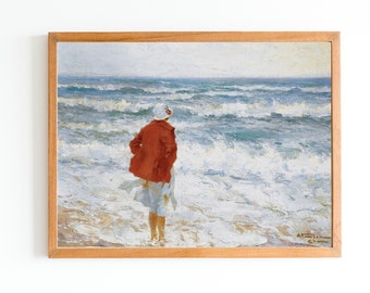 Woman on Seashore Art Print | Coastal Seascape Oil Painting