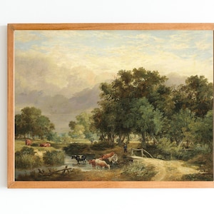 ART PRINT | Country Landscape With Cattle Watering | Farmhouse Art | Meadow Landscape with Cattle Painting | Cottage Decor