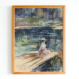 ART PRINT | Woman Sitting on a Wooden Dock Next to Lake Watercolor Painting | Lakeside Wall Art Print | Alone Woman Artwork | Classic Art