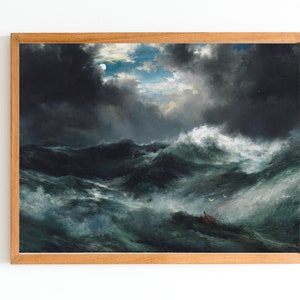 ART PRINT | Vintage Waves Oil Painting | Antique Clouds Art | Ocean Waves Art Print | Sea Storm Painting | Nautical Decor