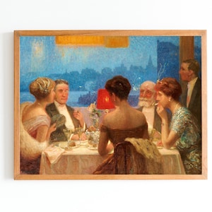 ART PRINT | People Dining Vintage Oil Painting | Dinner Company Art | Classic Portrait Artwork | Restaurant Scene Wall Art