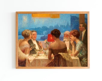 Puede incluir: Una pintura de un grupo de personas sentadas a una mesa en un comedor. Las personas están vestidas con atuendos formales y disfrutan de una comida. La habitación está decorada con una gran ventana que da a un horizonte urbano. La pintura está realizada en un estilo realista y presenta colores cálidos.