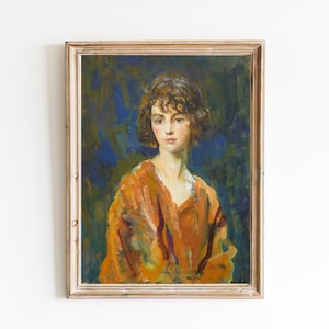 ART PRINT | Vintage Woman Portrait | Classic Oil Painting | Girl in Orange Dress Artwork | Vintage Fashion Female Painting