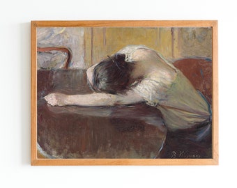 IMPRESSION D'ART | peinture à l’huile intérieure de cuisine vintage | Fatigué jeune femme Portrait Wall Art Print | Femme posant sa tête sur une table de cuisine