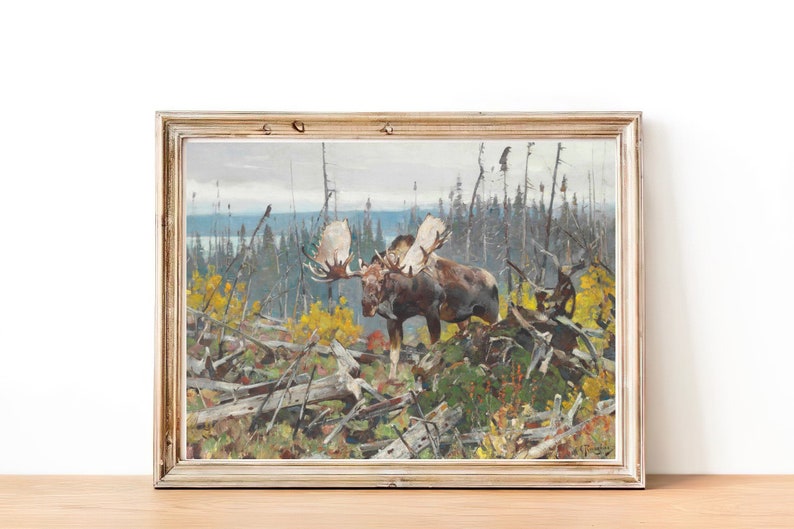 Vintage Moose Painting Wild Life Painting Rustic Cabin Wall Art FREE SHIPPING Moose Decor Bull Moose Wall Art