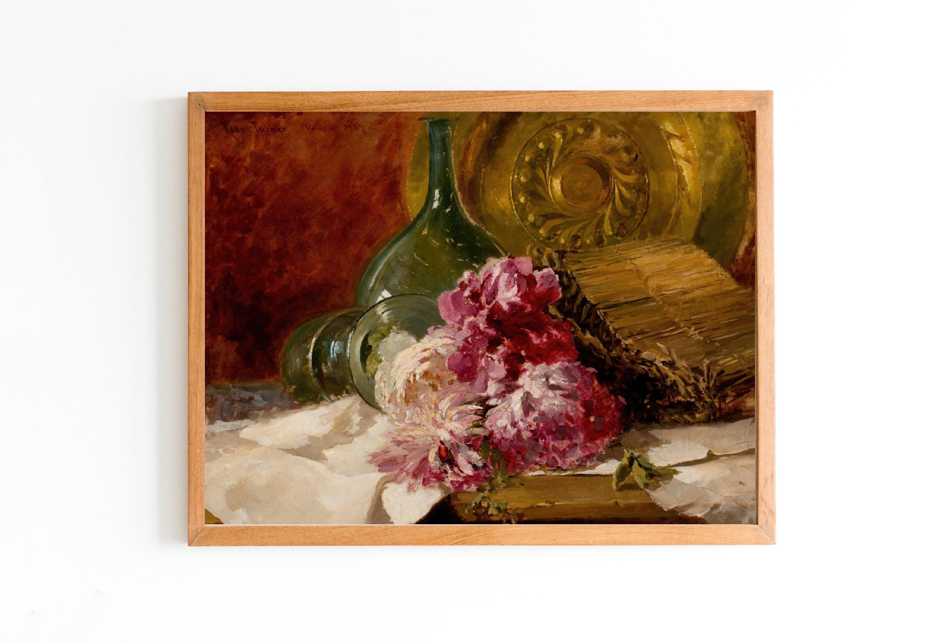 ART PRINT | Vintage Still Life with Flowers and Glass Art | Pink Flowers Art Print | Classic Artwork | American 19th Century Art