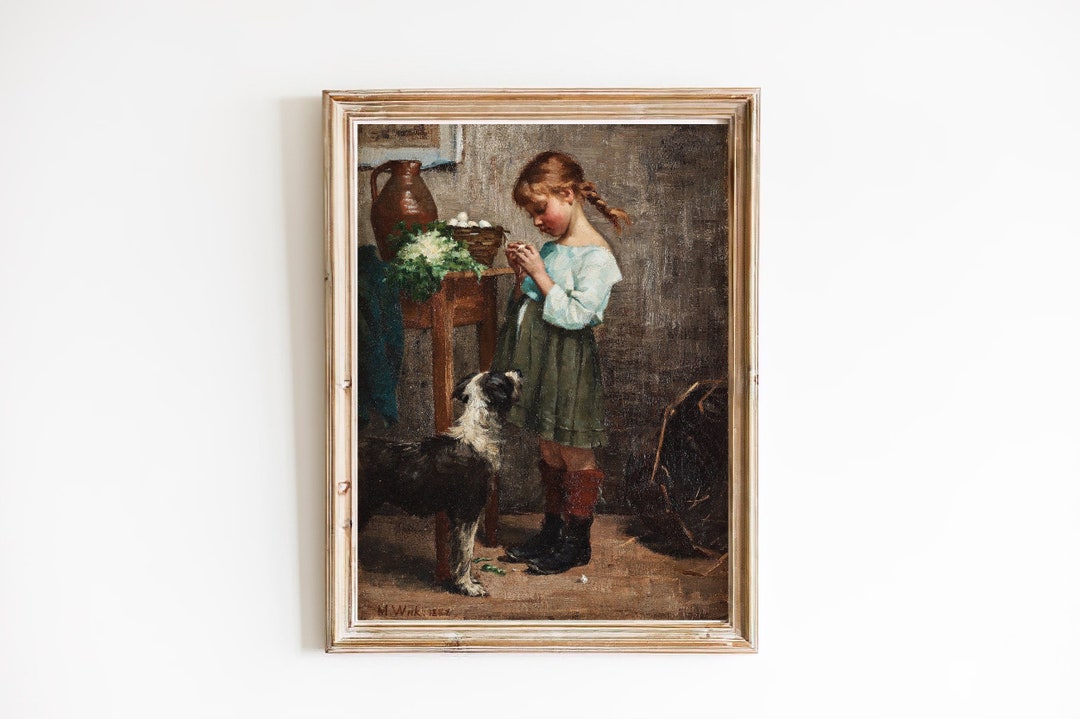 Girl With Dog Art Print | Vintage Oil Painting Portrait - Etsy