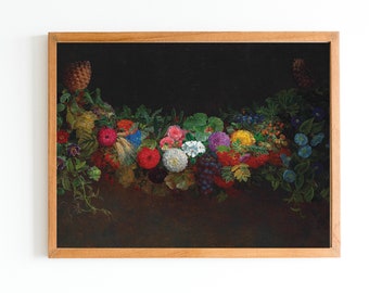 KUNSTAFDRUK | Vintage fruit en bloemen stilleven | Keuken kunst aan de muur afdrukken | Stilleven met fruit | Franse schilderkunst | Donker olieverfschilderij