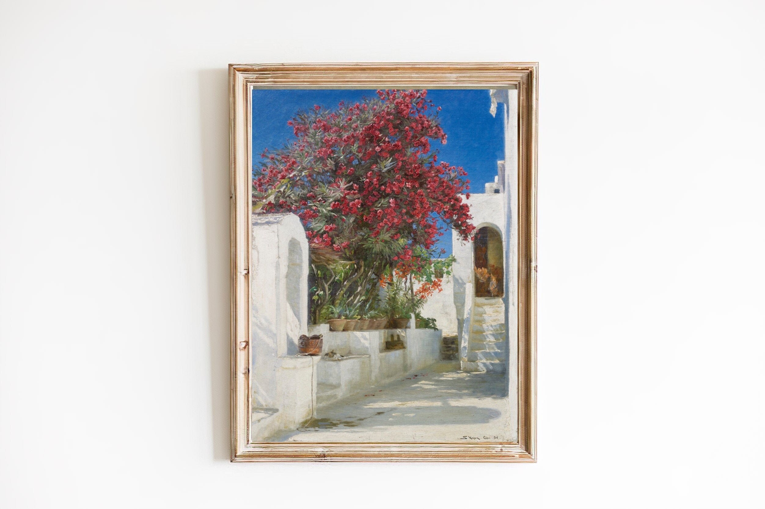 ART PRINT | Oleanders in Bloom Oil Painting | Vintage Capri Island Italy Coast Artwork | Mediterranean Architecture