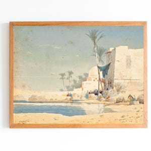 ART PRINT | Vintage Arab Village Oil Painting | Arabian Desert Landscape Art | Antique Village Print | Village Sahara Desert | Oriental Art