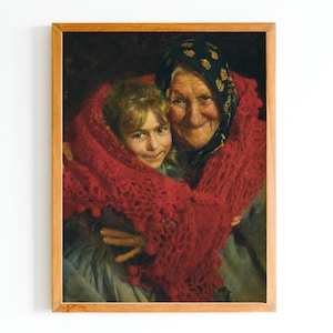 ART PRINT | Grandmother and Granddaughter Vintage Portrait Oil Painting | Antique Granny Portrait | Family Love Oil Painting