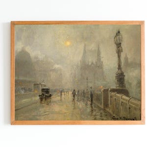 KUNSTPRINT | Vintage London Tower Bridge-olieverfschilderij | Antiek Londens kunstwerk | Britse schilderkunst | Architectuurmuurkunst | Kunst in mistige straten