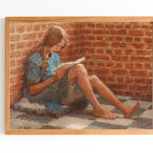 ART PRINT | Ginger Girl Reading Art Print | Girl sitting by a Brick Wall Art | Child Portrait | Vintage Kid Portrait Painting