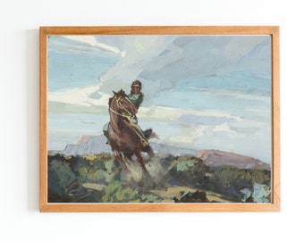 Western Oil Painting Art Print | Wild Horse, Cowboy Landscape