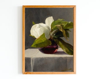 ART PRINT | Magnolia Oil Painting | White Magnolia Art | Flowers Bouquet Print | Spring Magnolia Bloom Impressionist Art