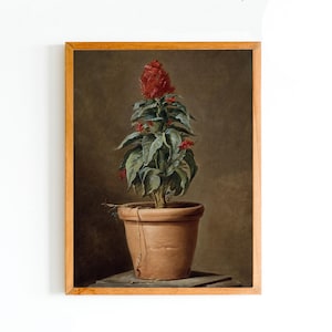 ART PRINT | Red Celosia in a Pot Art | Still Life With a Red Flower Painting | Floral Wall Decor | Antique Flowers Art | Botanical Art