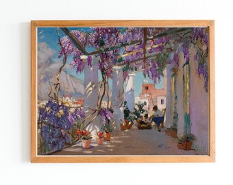 ART PRINT | Veranda in Capri Watercolor Painting | Vintage Loggia with Blossoming Wisteria Wall Art Print | Mediterranean Art | Summer Print